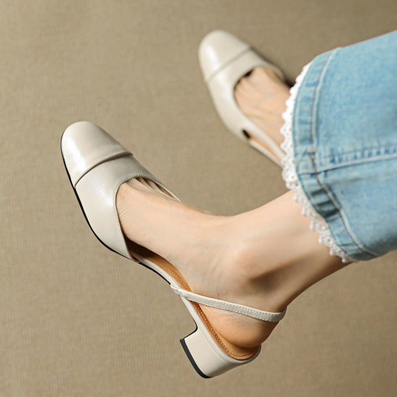 Genuine Leather Slingback Pumps with Mid Block Heel and Almond Toe for Women