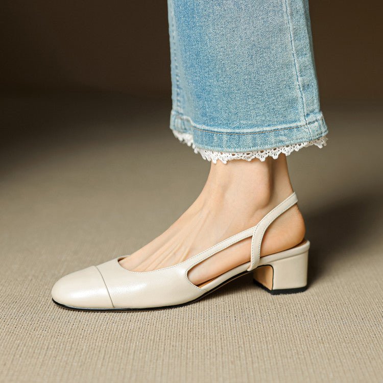 Genuine Leather Slingback Pumps with Mid Block Heel and Almond Toe for Women