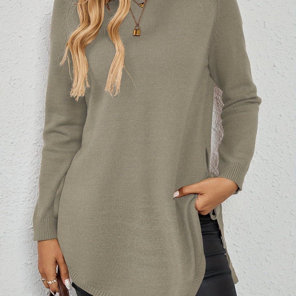 Relaxed Fit Longline Round Neck Pullover Sweater with Side Slits for Women