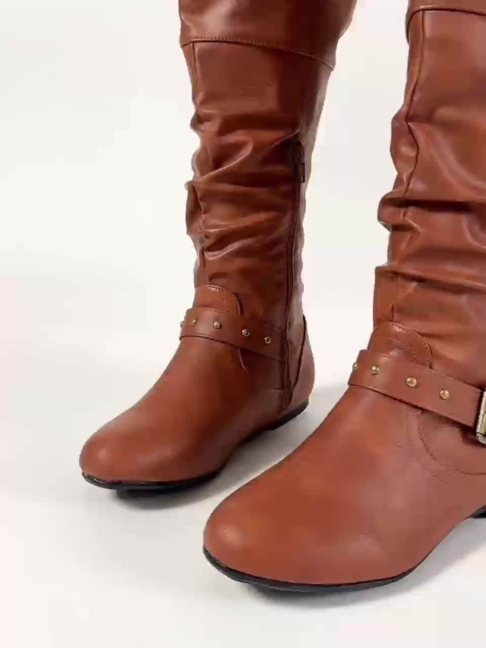 Slouch Knee High Boots with Buckle Detail and Side Zip for Women | Flat Sole