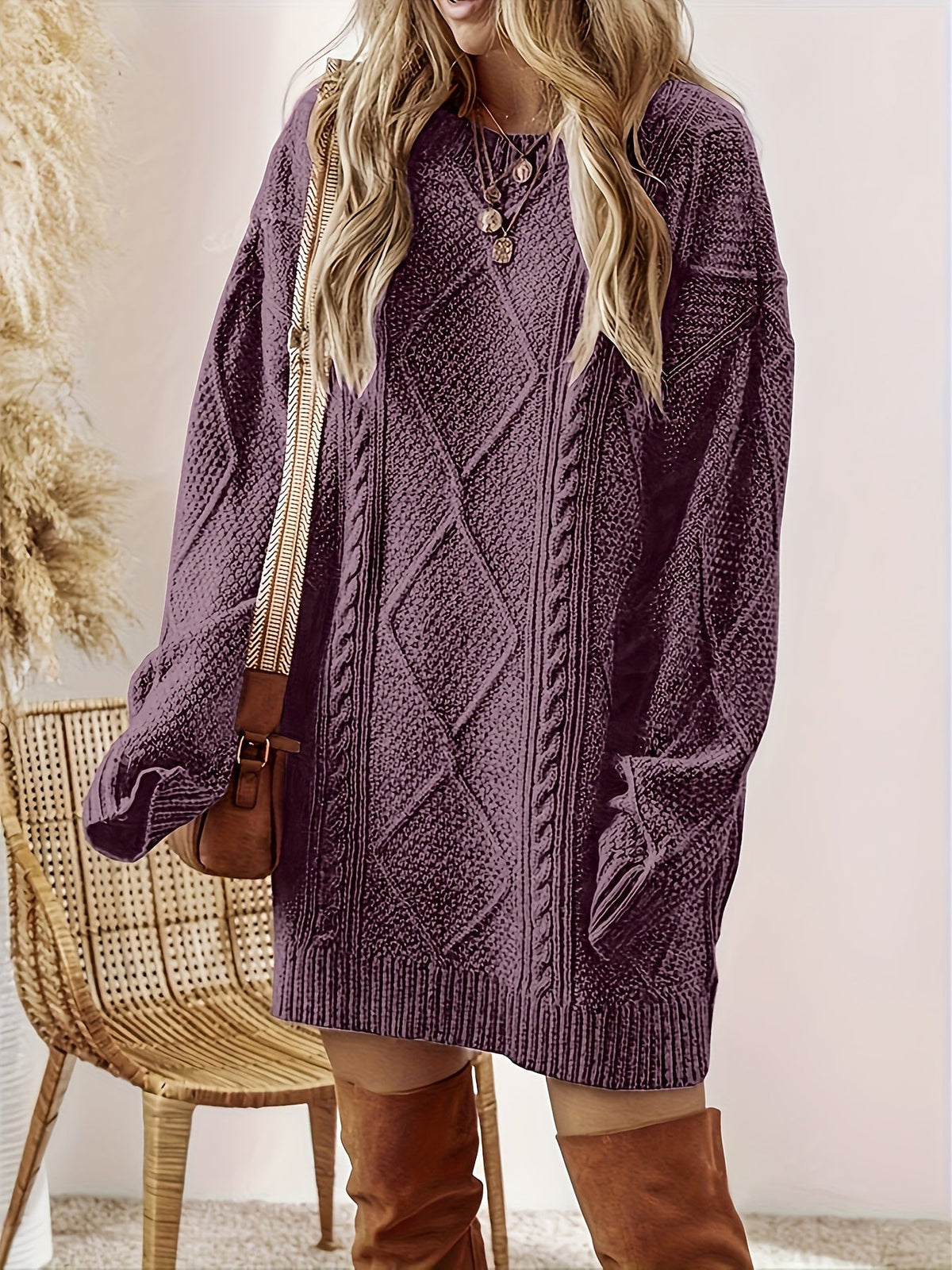 Cable Knit Relaxed Fit Round Neck Sweater Dress for Women | Diamond Texture