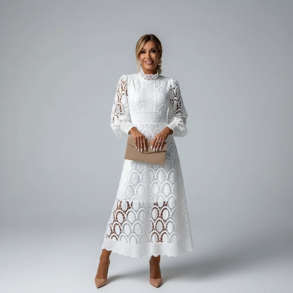 Long Sleeve High Neck Lace Midi Dress for Women | Wedding Guest