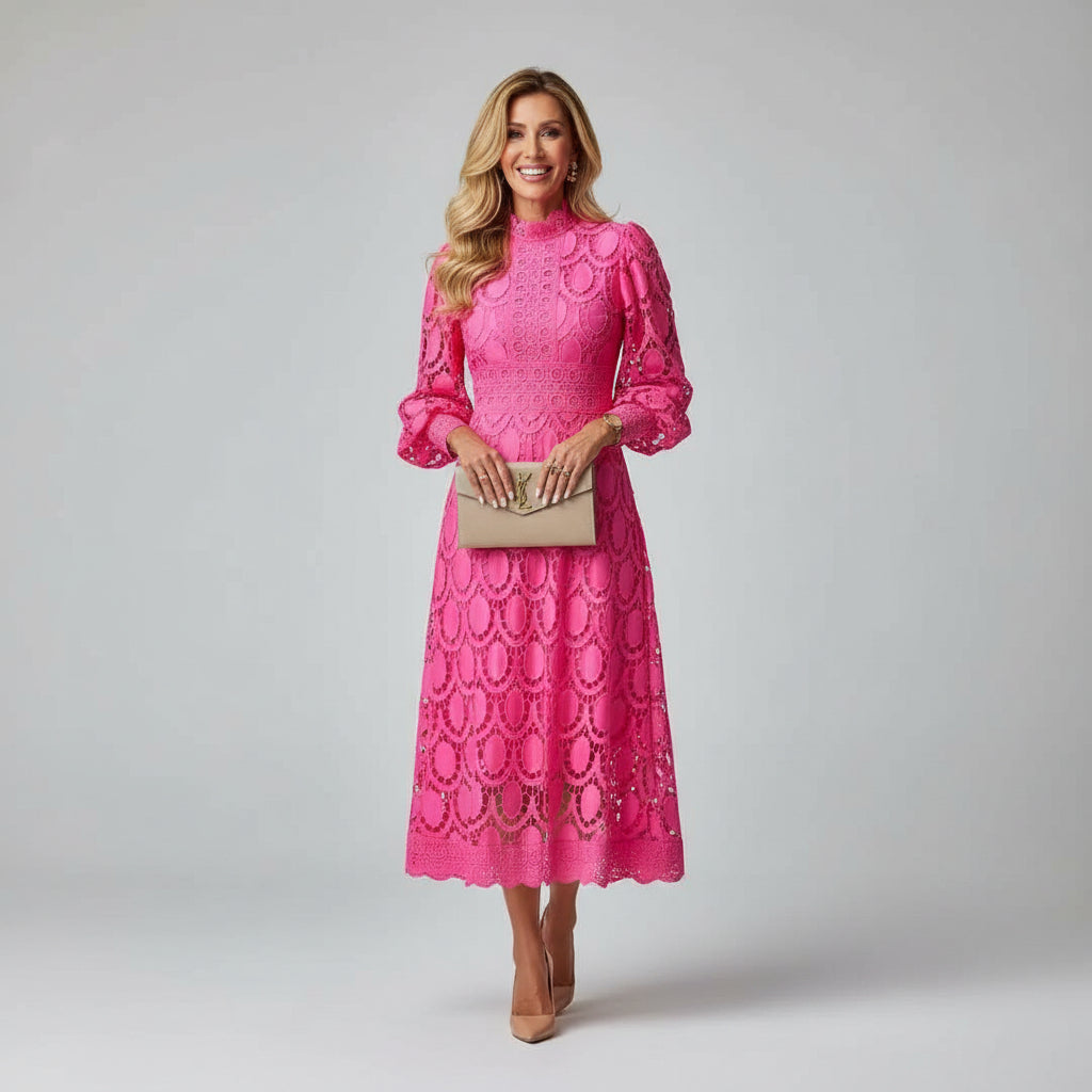 Long Sleeve High Neck Lace Midi Dress for Women | Wedding Guest