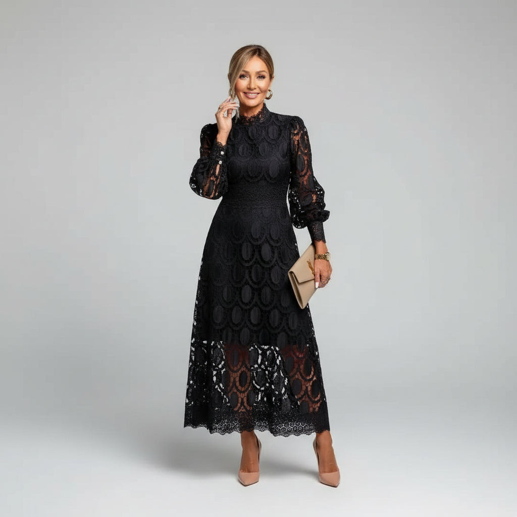 Long Sleeve High Neck Lace Midi Dress for Women | Wedding Guest