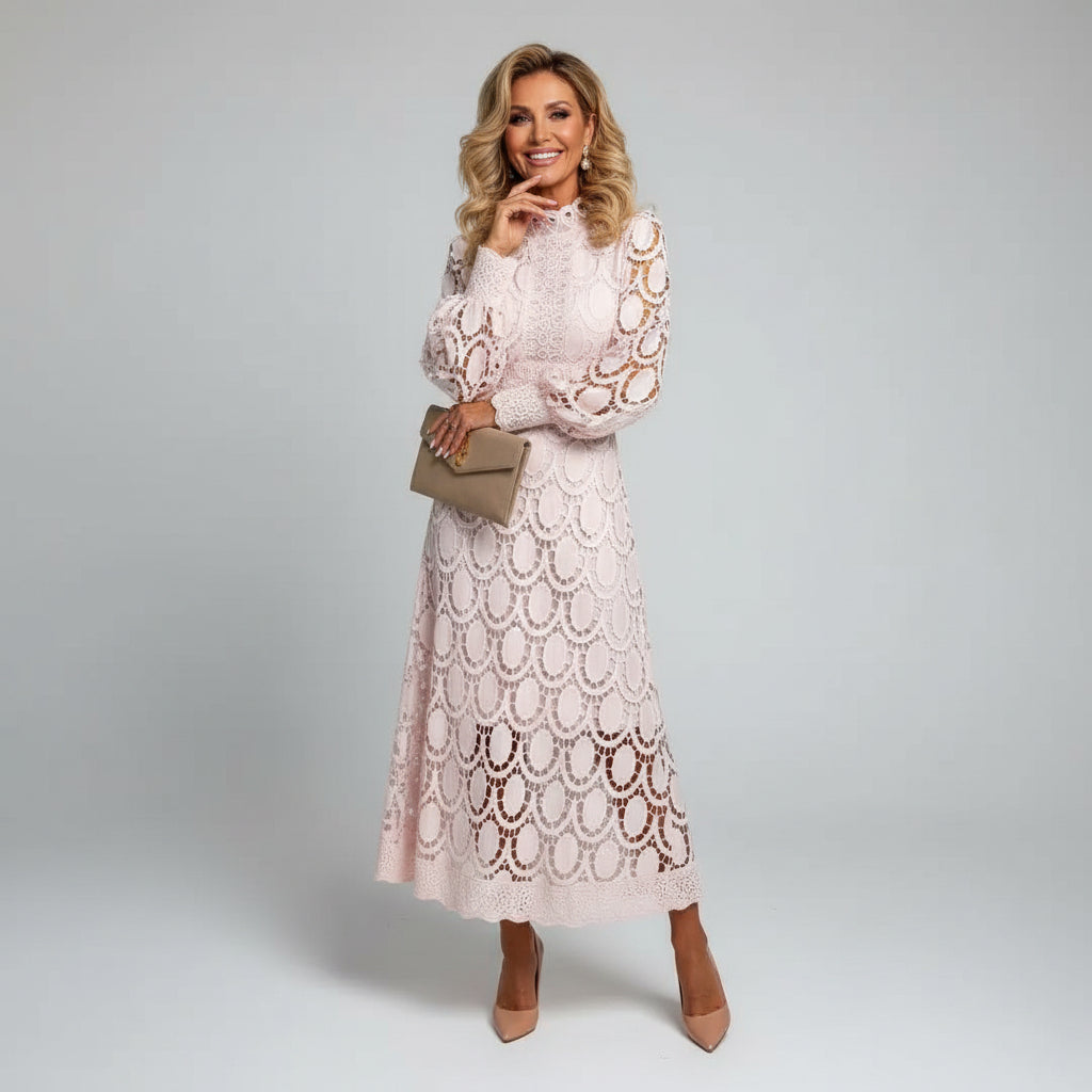 Long Sleeve High Neck Lace Midi Dress for Women | Wedding Guest