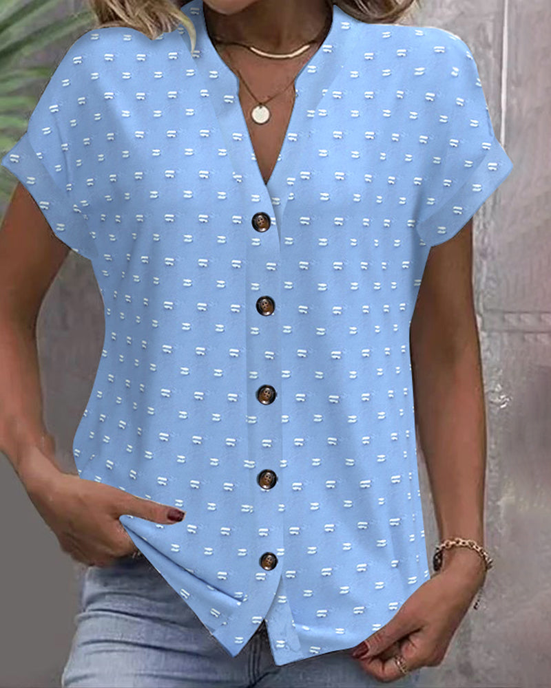 Blue Drop Shoulder V-Neck Blouse for Women | Short Sleeve