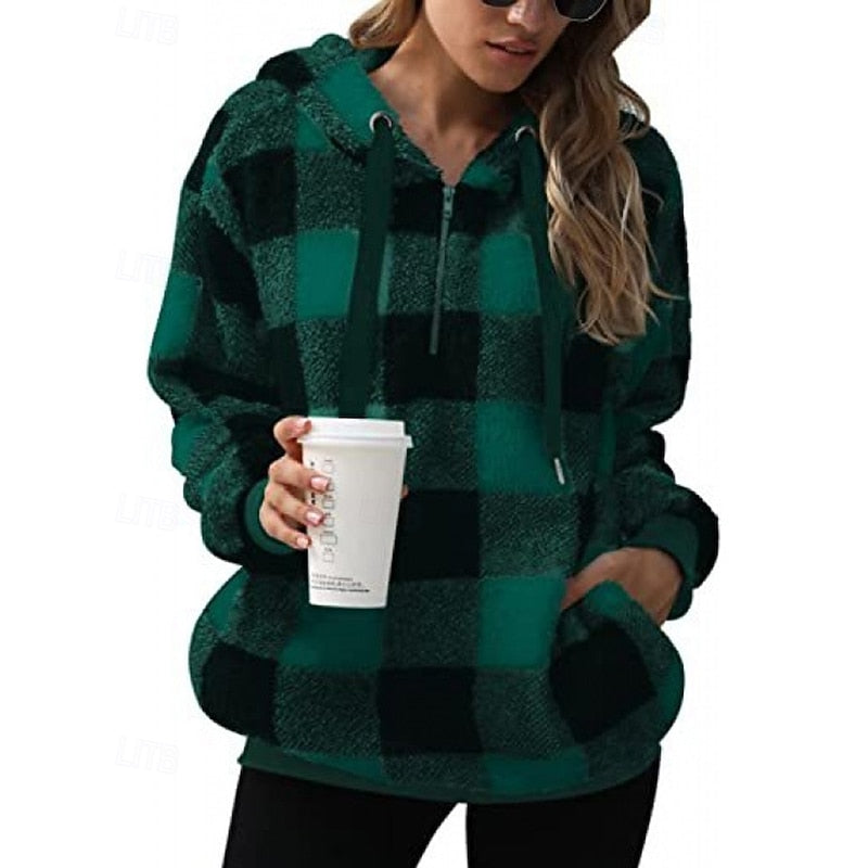 Checkered Quarter Zip Pullover Hoodie with Front Pocket for Women | Relaxed Fit