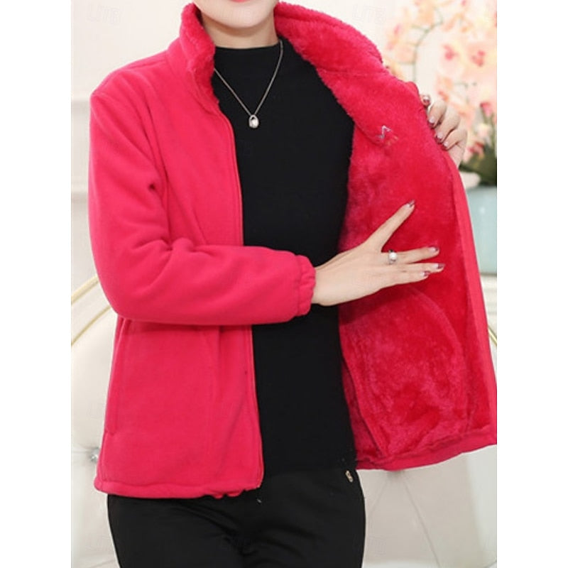 Plush Lined Loose Fit Stand Collar Full Zip Jacket with Pockets for Women