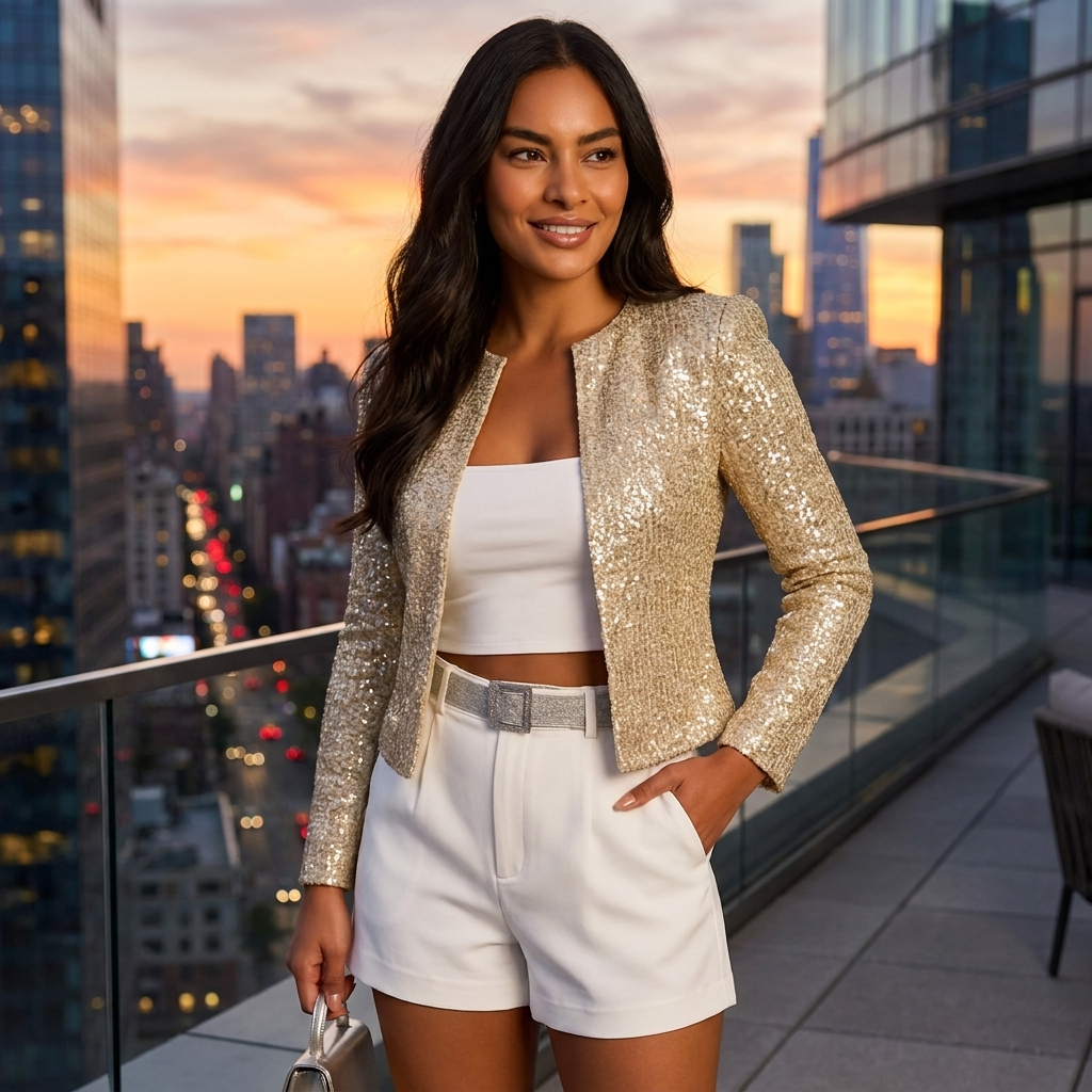 Sequin Cropped Open Front Collarless Blazer for Women | Gold Black Silver