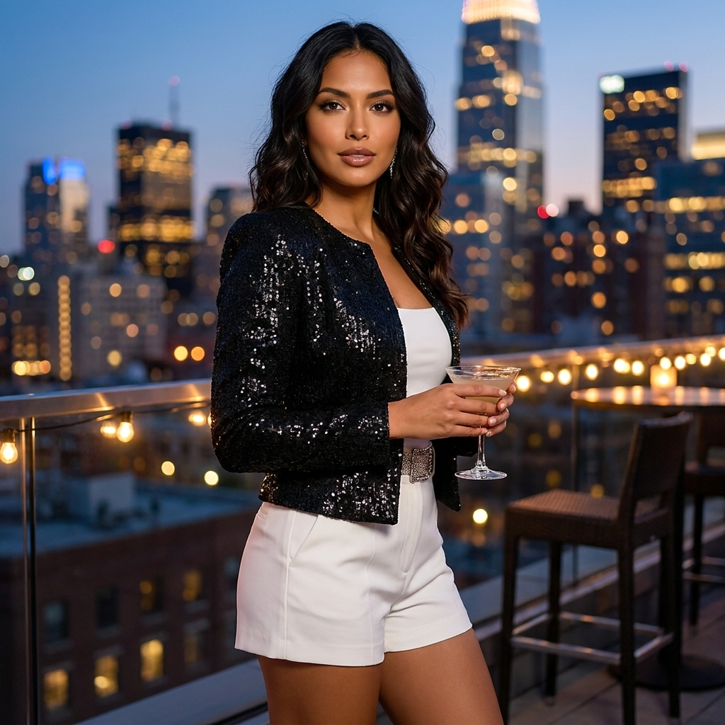 Sequin Cropped Open Front Collarless Blazer for Women | Gold Black Silver