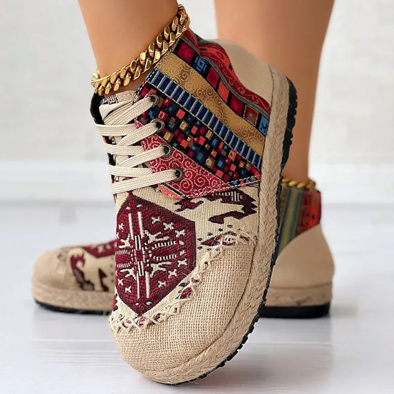 Bohemian Patterned Platform High Top Sneakers for Women | Lace Up Casual Wear