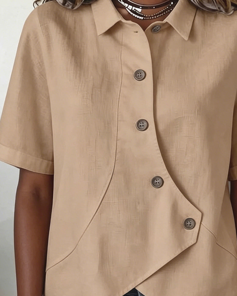 Cotton Linen Asymmetric Placket Button-Down Shirt for Men