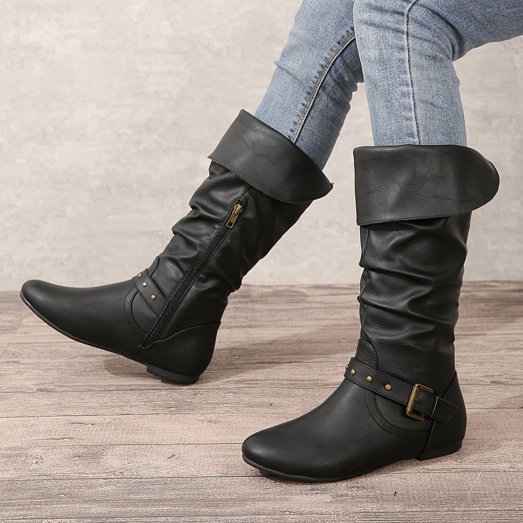 Slouch Knee High Boots with Buckle Detail and Side Zip for Women | Flat Sole
