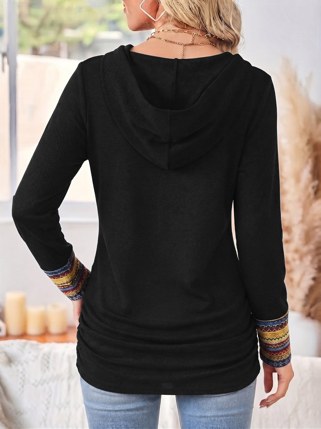 Casual Patchwork Hoodie with Striped Trim and Decorative Buttons for Women