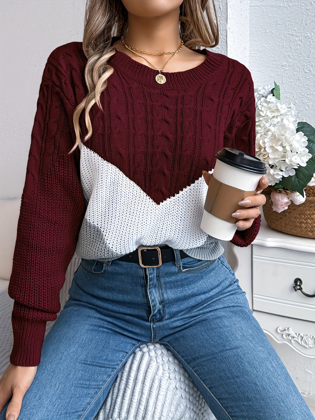 Stretch Knit Color Block Round Neck Sweater for Women | Fall Winter Layering