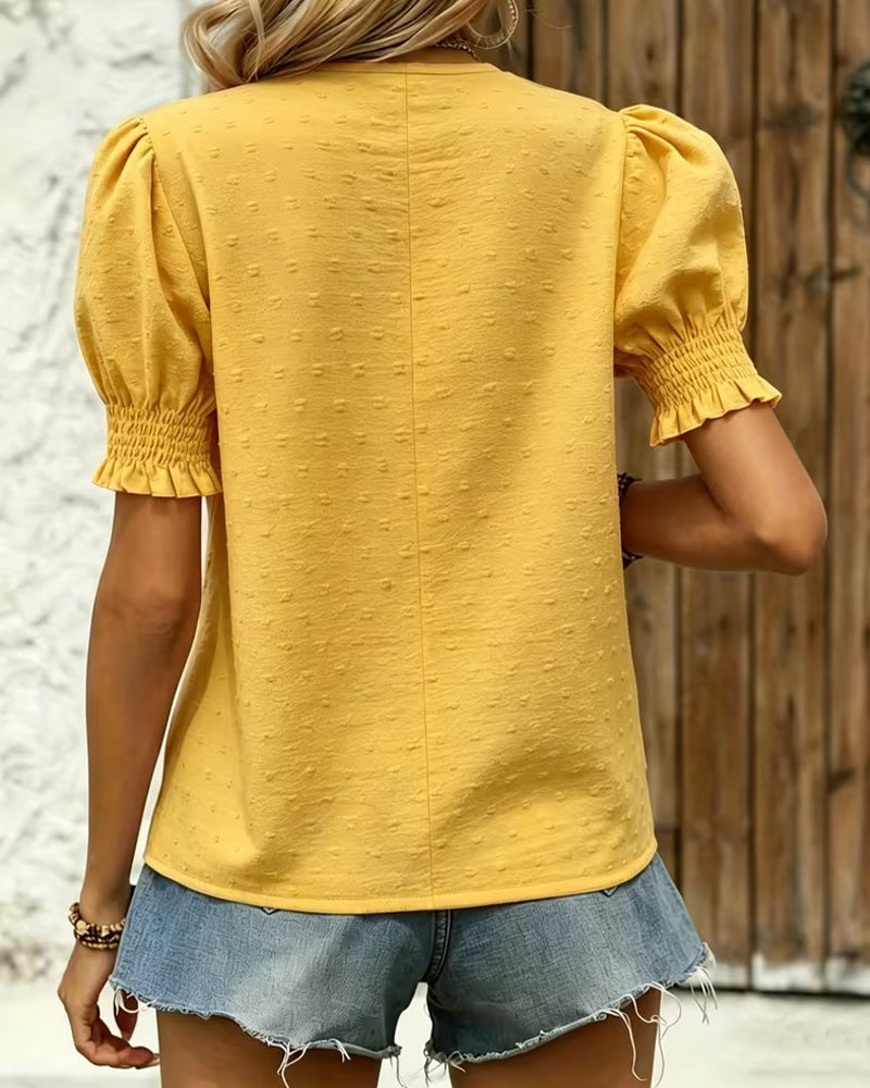 Yellow Bubble Sleeve V-Neck Jacquard Blouse for Women