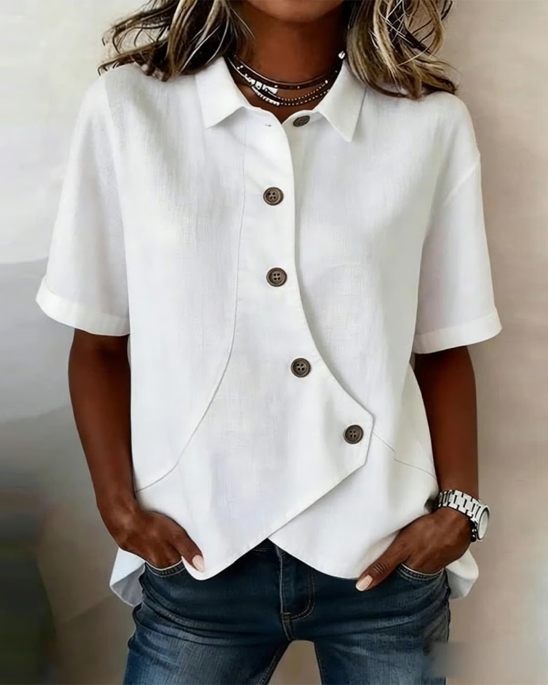 Cotton Linen Asymmetric Placket Button-Down Shirt for Men