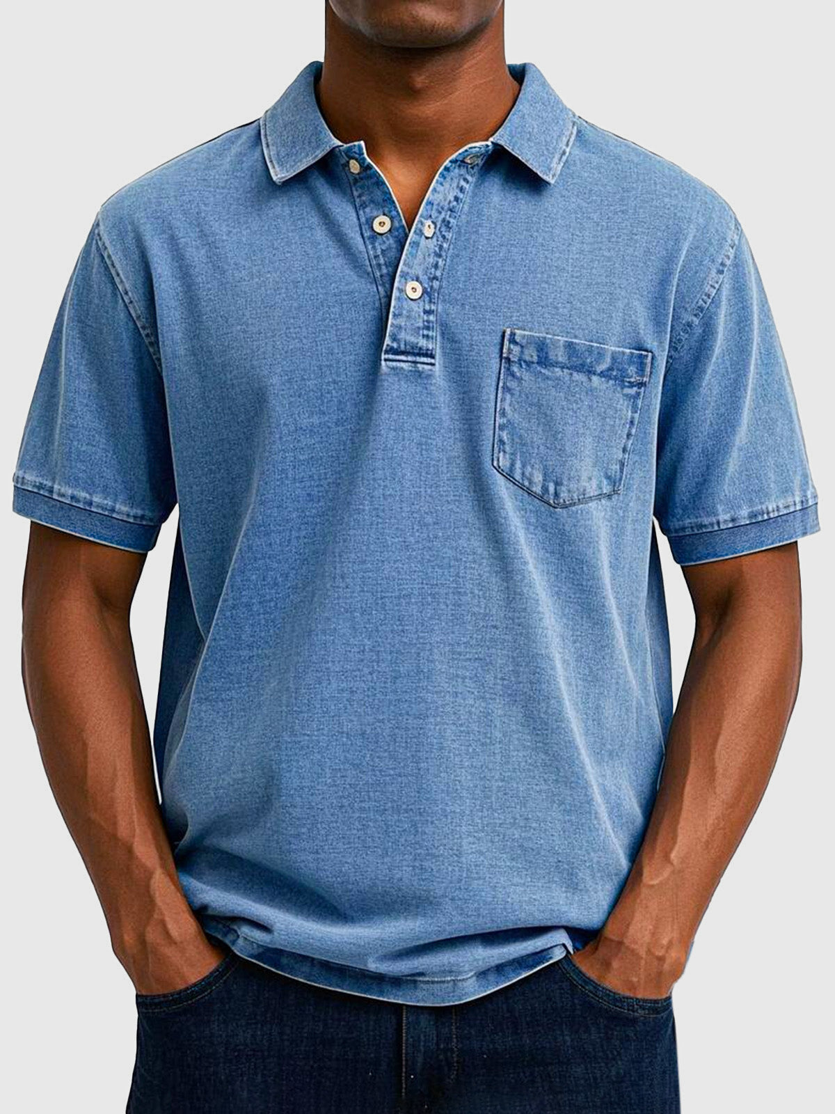 Cotton Denim Short Sleeve Polo Shirt for Men
