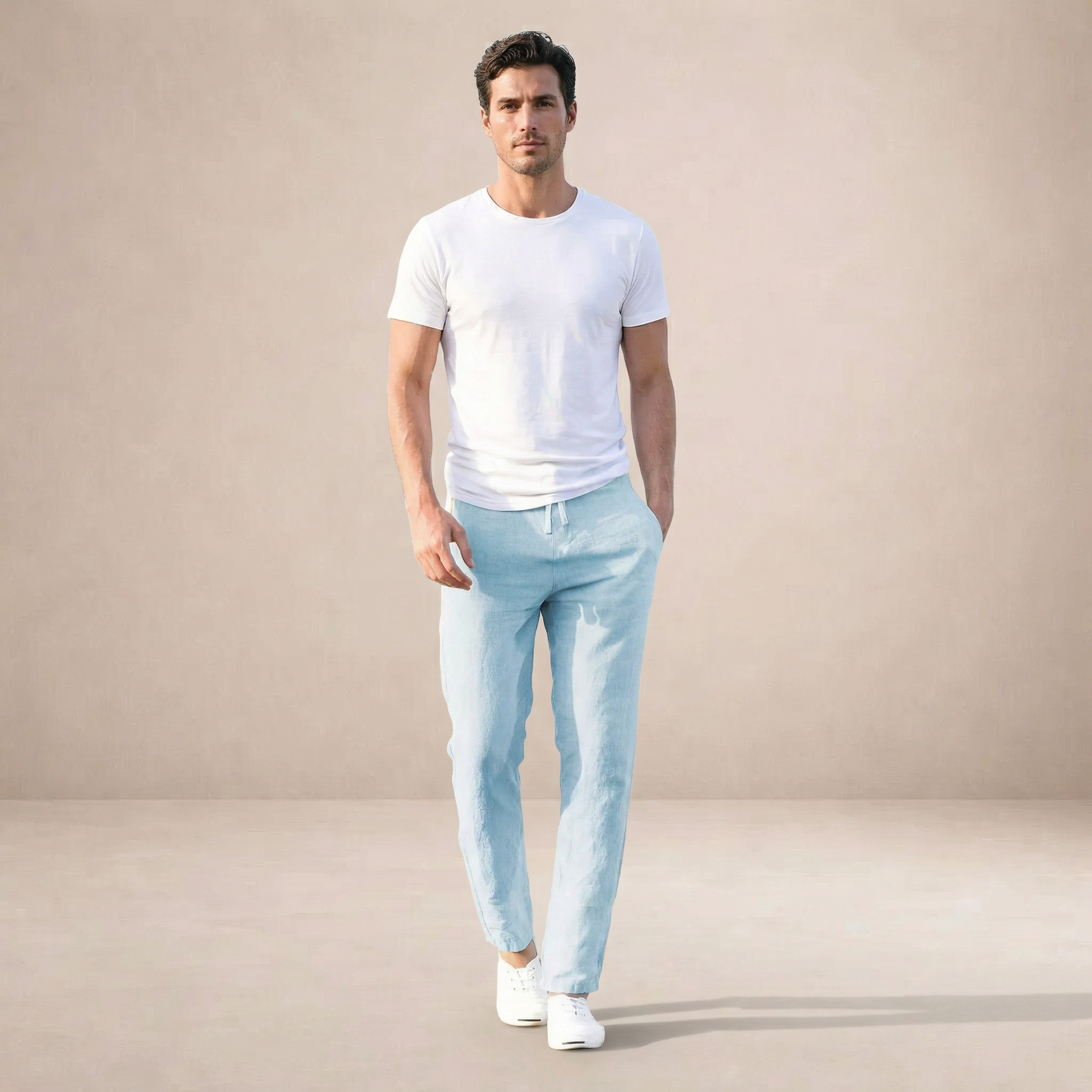 Linen Regular Fit Trousers for Men with Elasticated Waist