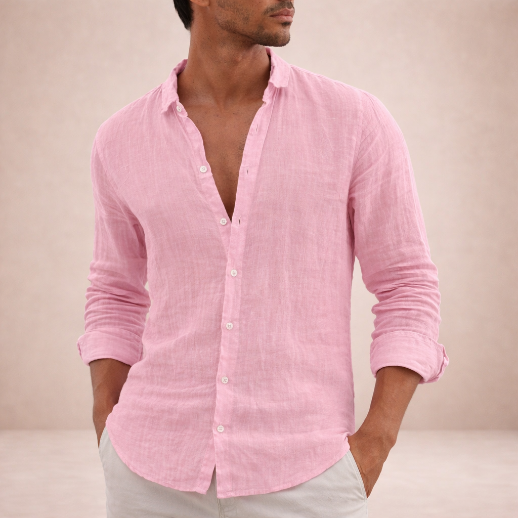 Linen Regular Fit Long Sleeve Open Collar Shirt for Men
