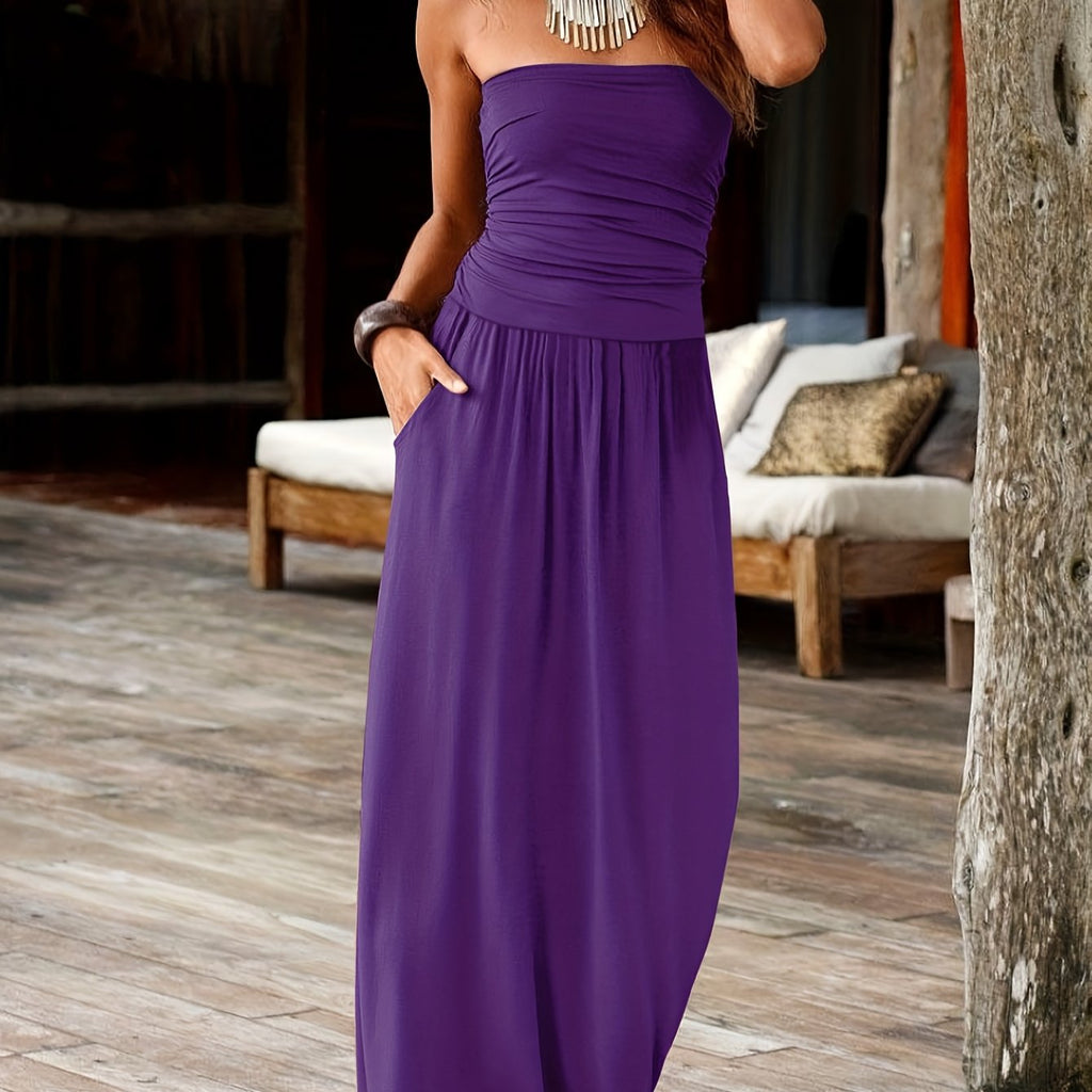 Strapless Bandeau Midi Dress with Waist-Cinching and Double Pockets for Women