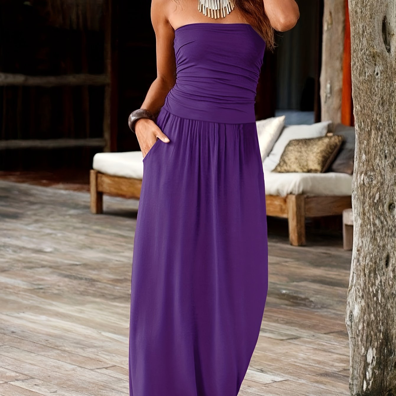 Strapless Bandeau Midi Dress with Waist-Cinching and Double Pockets for Women