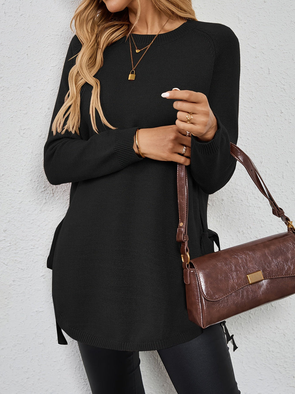 Relaxed Fit Longline Round Neck Pullover Sweater with Side Slits for Women