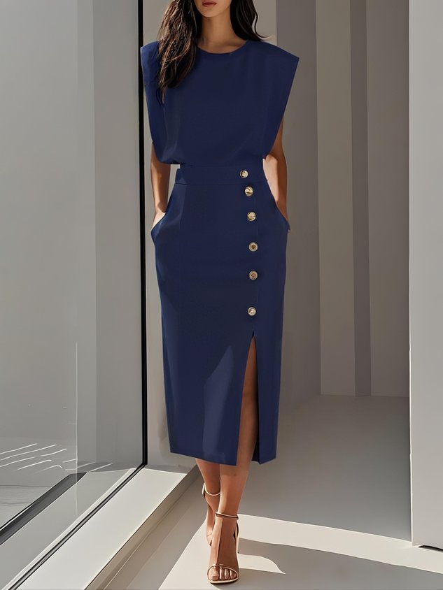 Round Neck Midi Dress with Button Slit Detail for Women