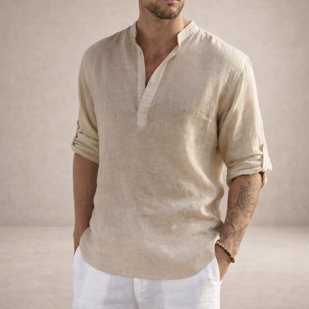 Linen Regular Fit Shirt for Men with Stand Collar and Long Sleeves