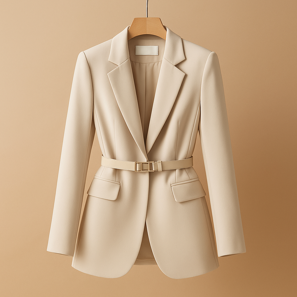 Beige Fitted Blazer Jacket for Women with Structured Lapel Collar Design