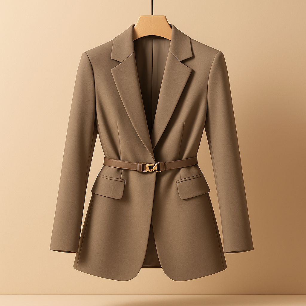 Beige Fitted Blazer Jacket for Women with Structured Lapel Collar Design