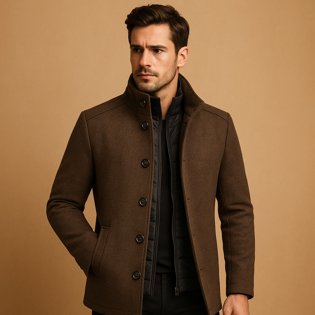 Dark Brown Tailored Winter Coat for Men | Warm Fitted Outerwear Design