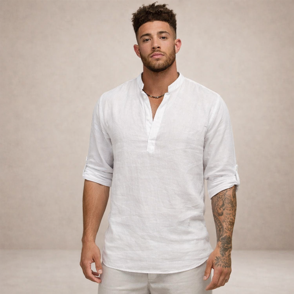 Linen Regular Fit Shirt for Men with Stand Collar and Long Sleeves
