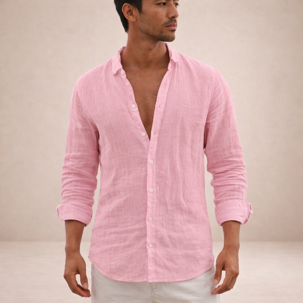 Linen Regular Fit Long Sleeve Open Collar Shirt for Men