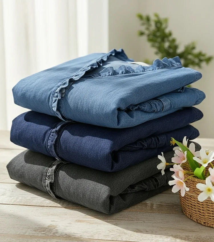 Denim V-Neck Ruffled Shirt for Women | Relaxed Fit Top