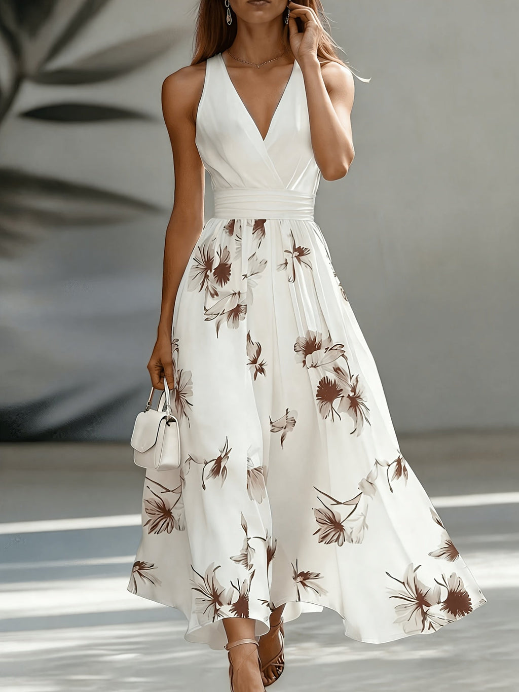 Floral Patchwork Backless Ruched Flared Maxi Dress for Women