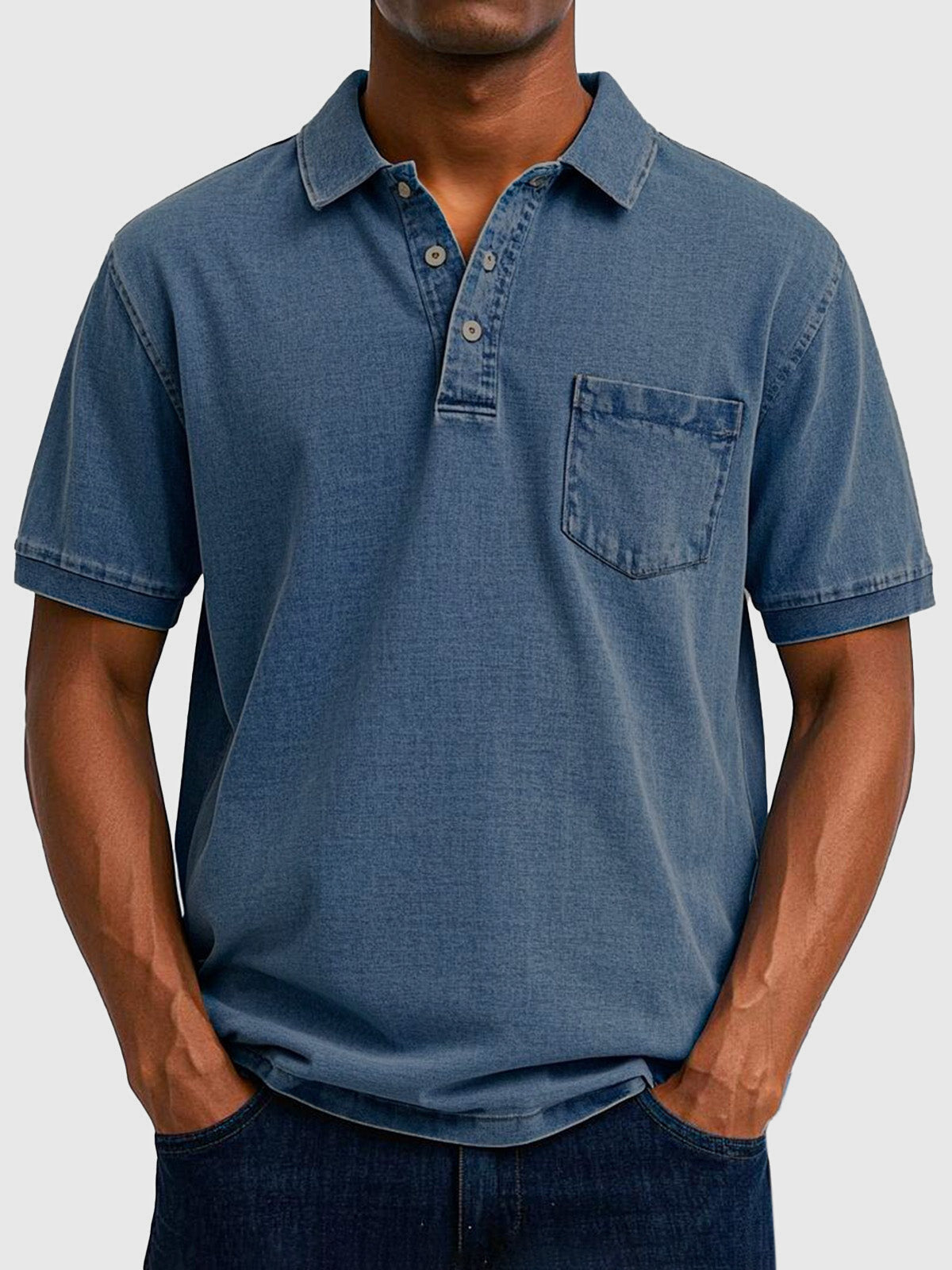 Cotton Denim Short Sleeve Polo Shirt for Men