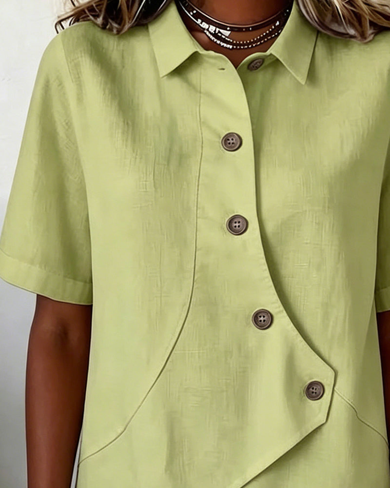 Cotton Linen Asymmetric Placket Button-Down Shirt for Men