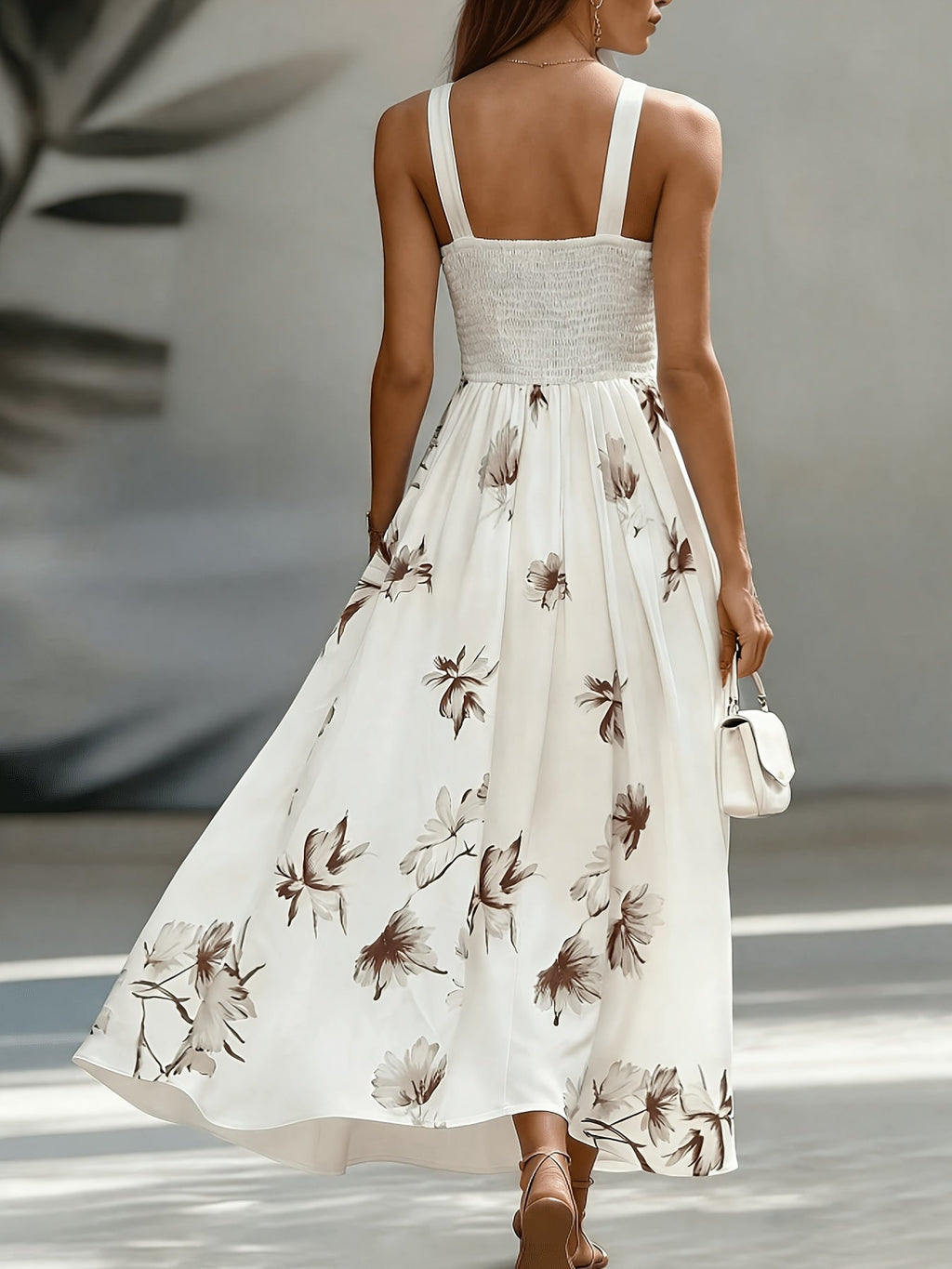 Floral Patchwork Backless Ruched Flared Maxi Dress for Women
