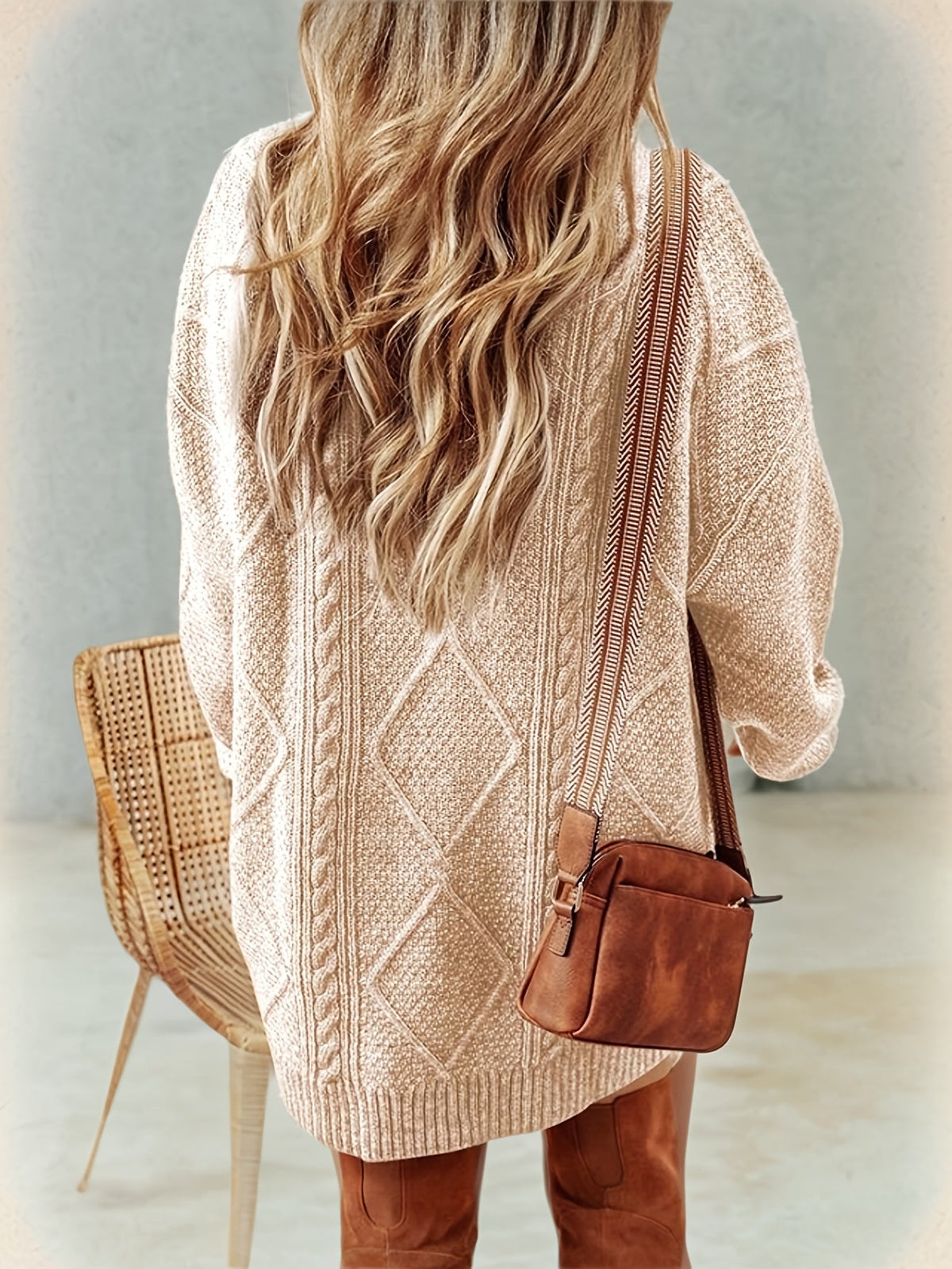 Cable Knit Relaxed Fit Round Neck Sweater Dress for Women | Diamond Texture