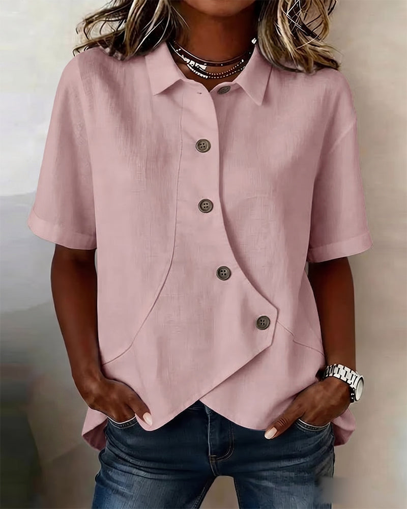 Cotton Linen Asymmetric Placket Button-Down Shirt for Men