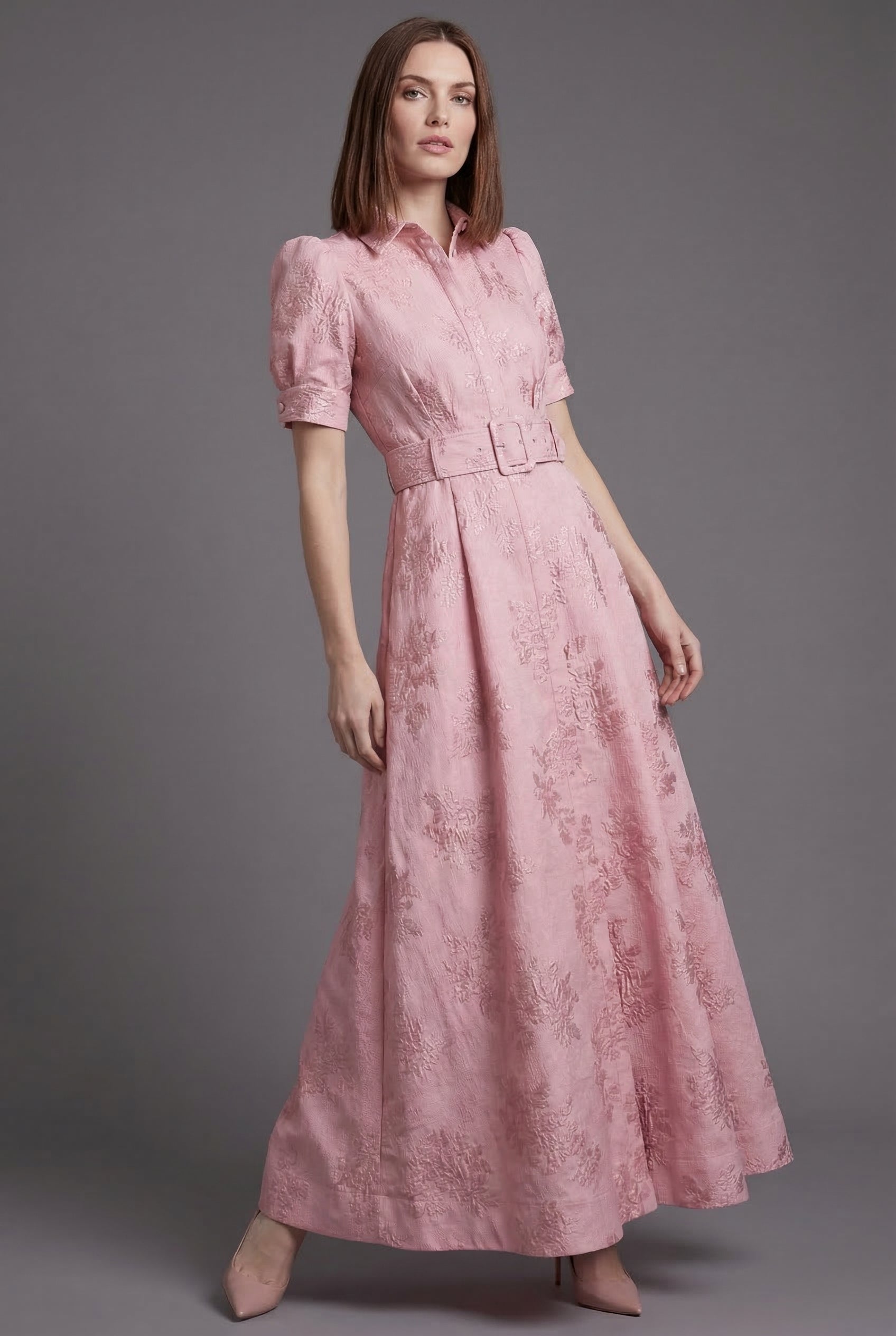 Pink Puff Sleeve Full Skirt Maxi Dress for Women | Wedding & Formal
