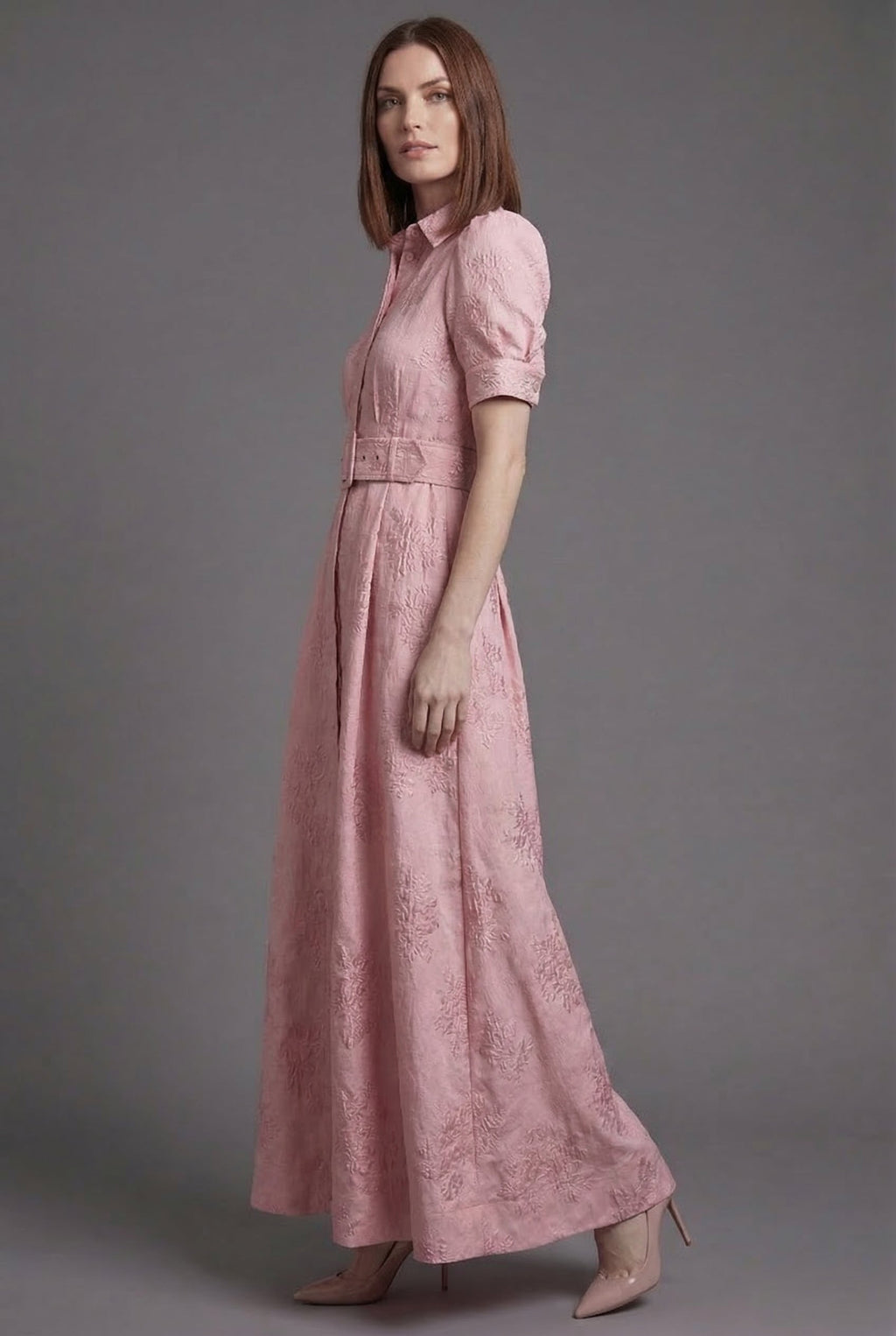 Pink Puff Sleeve Full Skirt Maxi Dress for Women | Wedding & Formal
