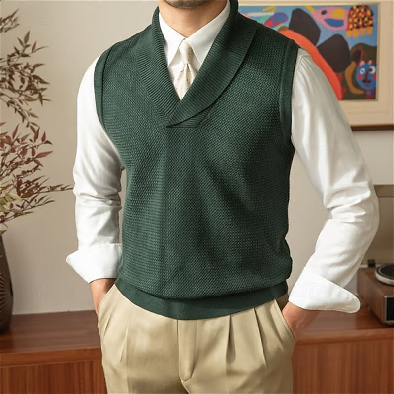 Knit Shawl Collar V Neck Sweater Vest for Men | Regular Fit Layering Top