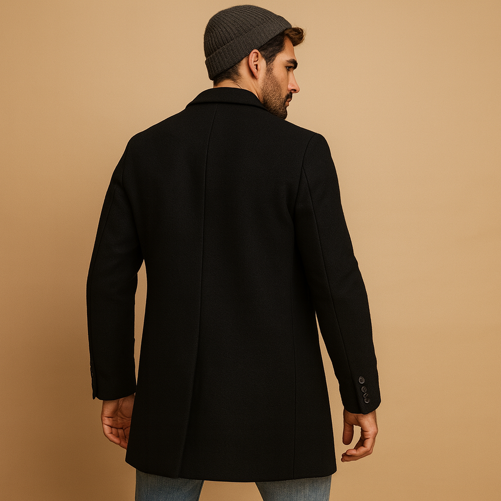 Black Wool Blend Notched Lapel Double-Breasted Coat for Men | Formal Business