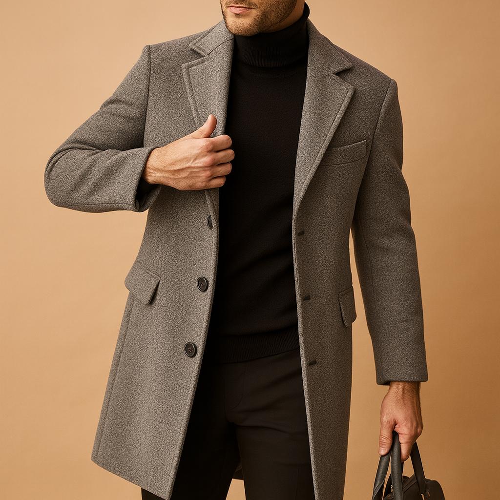 Black Wool Blend Notched Lapel Double-Breasted Coat for Men | Formal Business