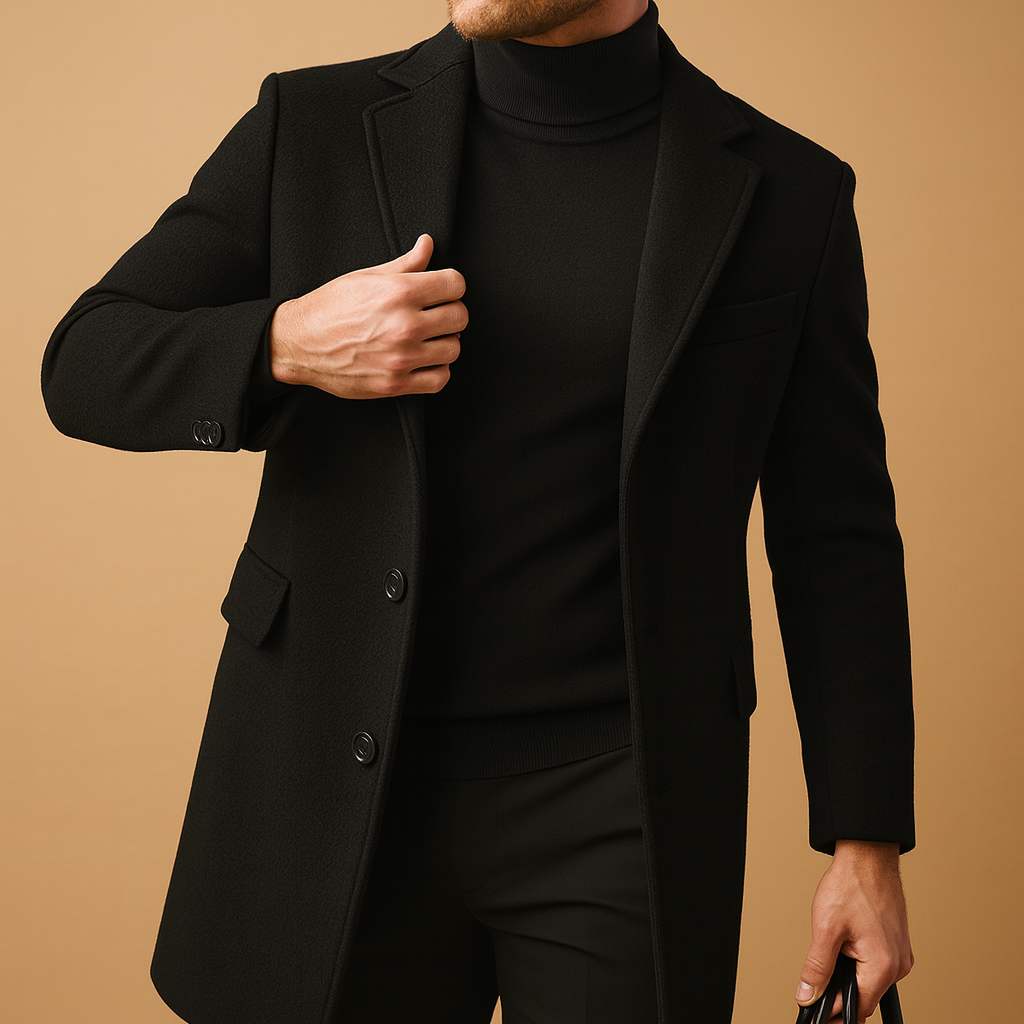 Black Wool Blend Notched Lapel Double-Breasted Coat for Men | Formal Business