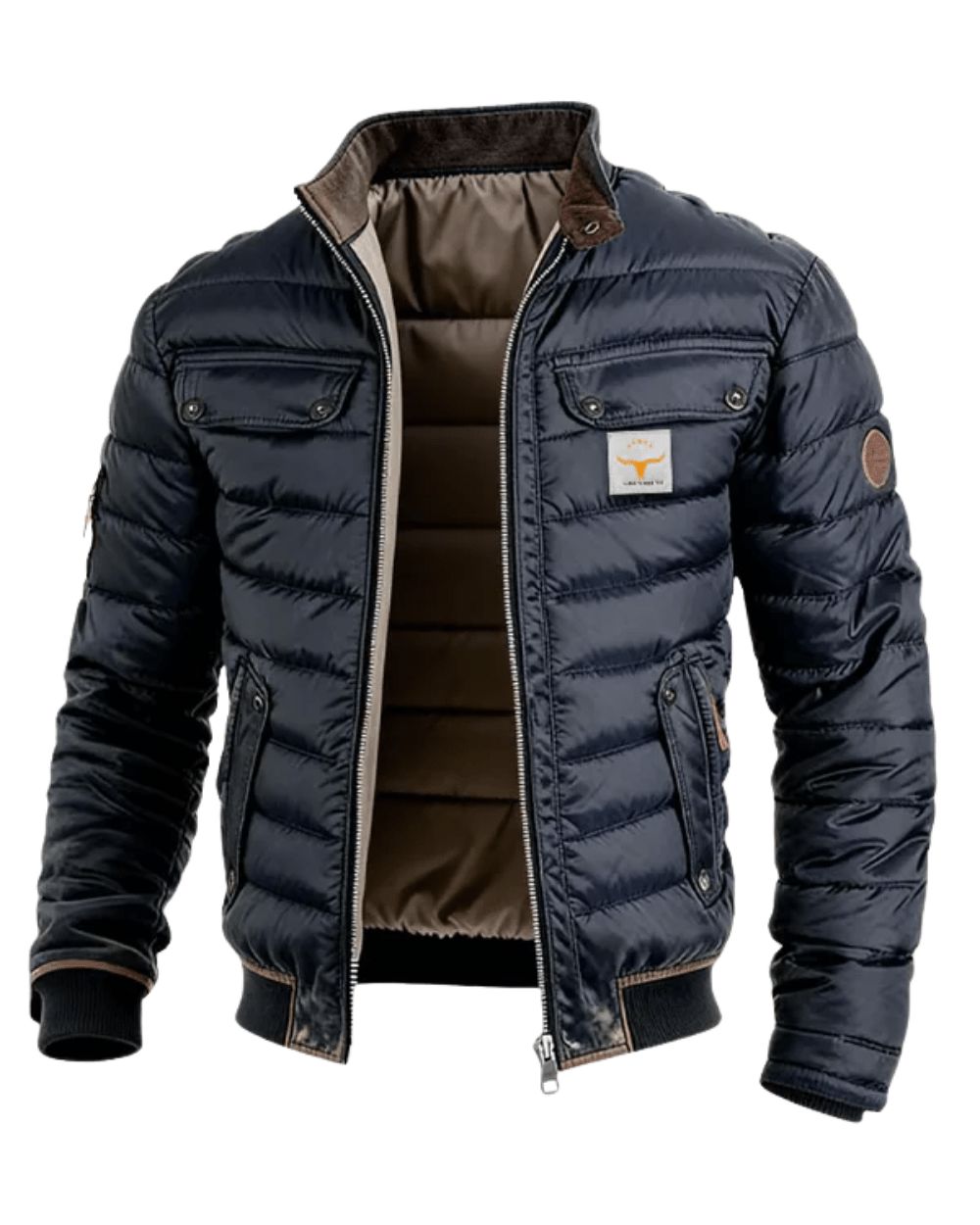Navy Blue Quilted Slim Fit Stand Collar Jacket with Multiple Pockets for Men