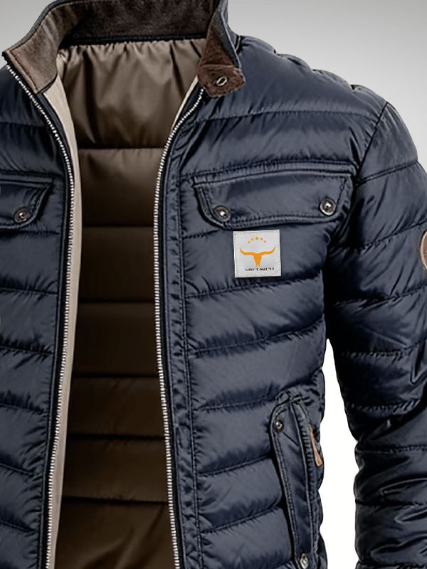 Navy Blue Quilted Slim Fit Stand Collar Jacket with Multiple Pockets for Men