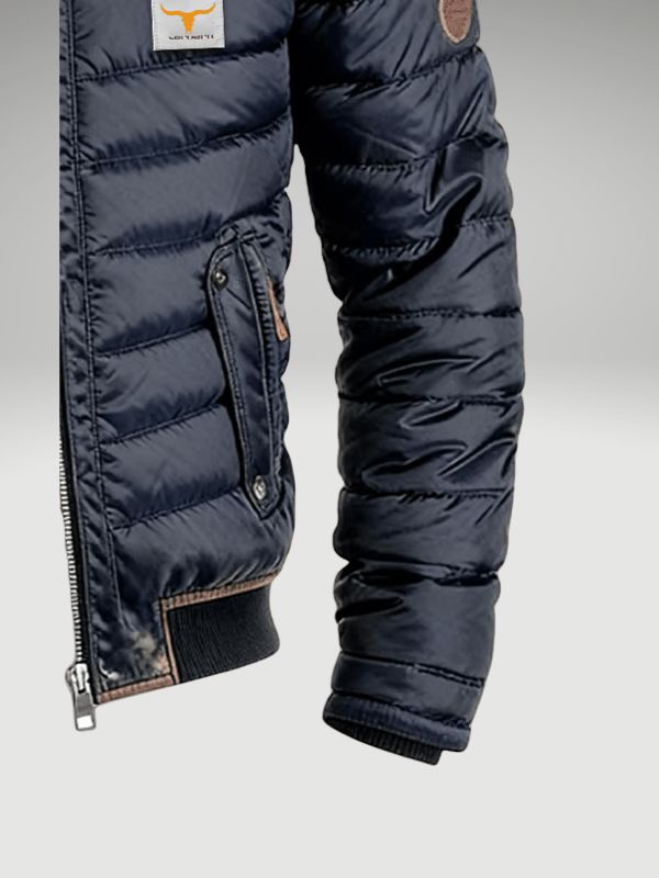Navy Blue Quilted Slim Fit Stand Collar Jacket with Multiple Pockets for Men